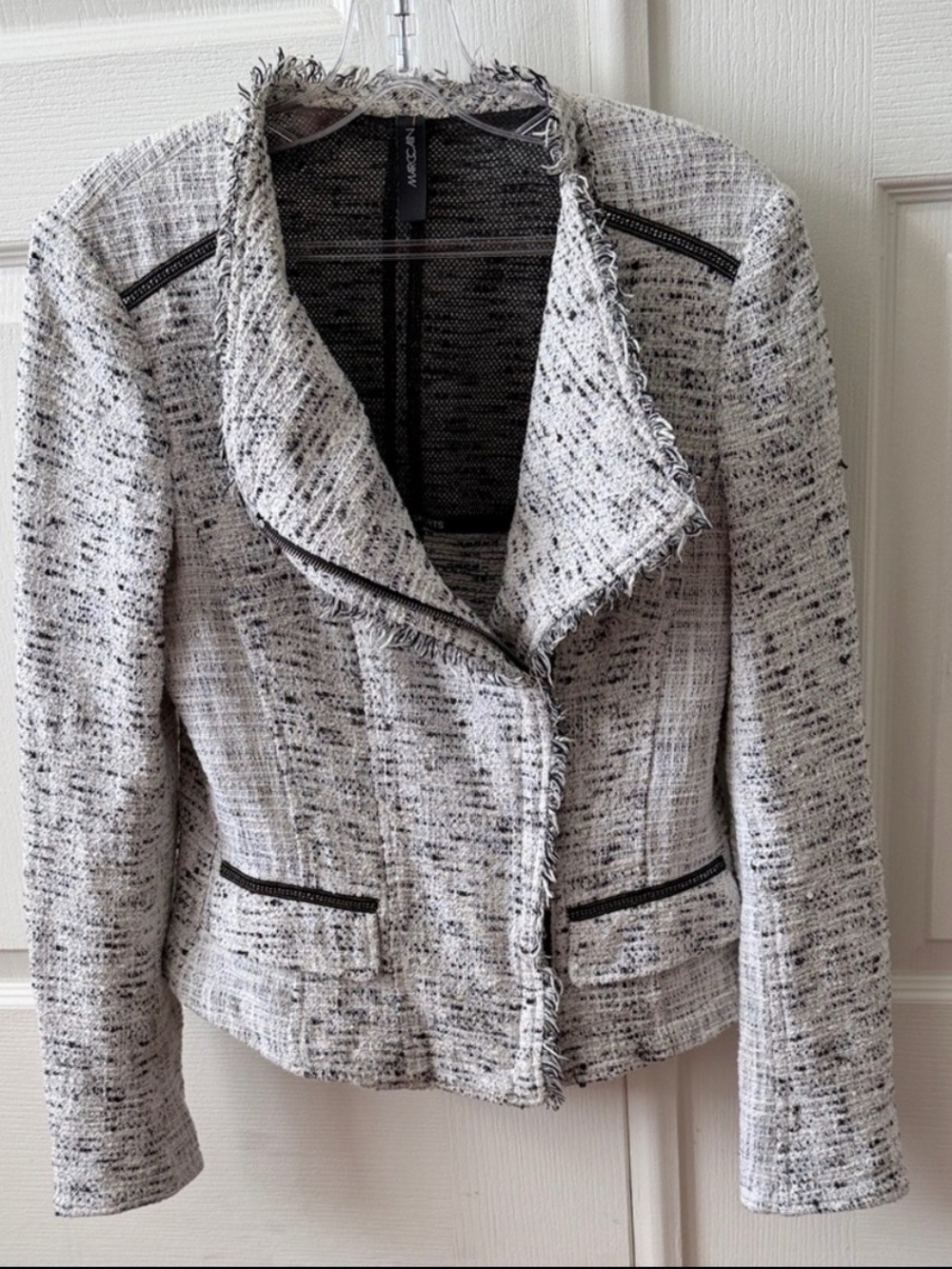 Marc Cain Black and White Tweed Fringe-Trim Blazer